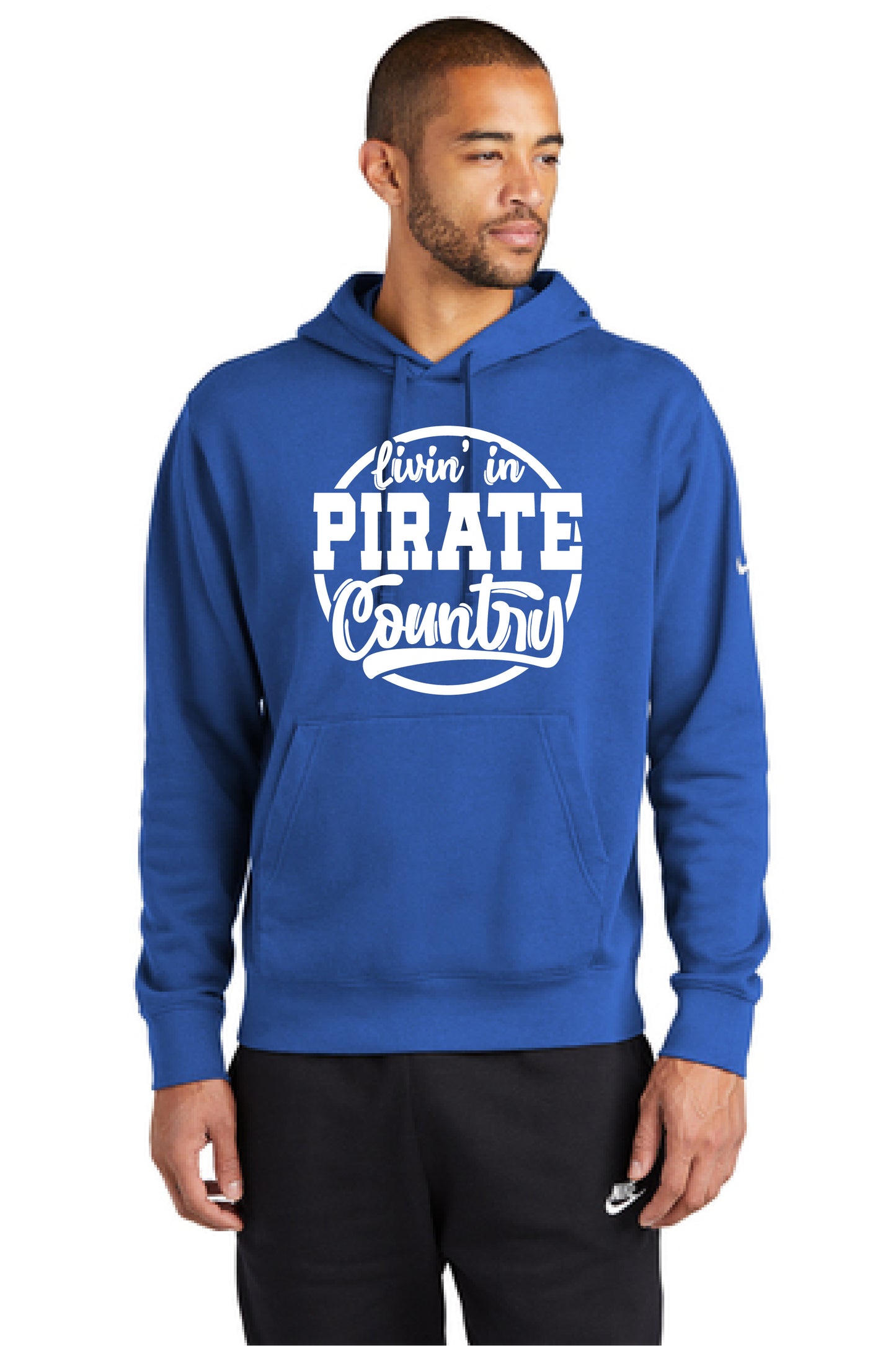 Livin In Pirate County White Nike Club Fleece Sleeve Swoosh Pullover Hoodie