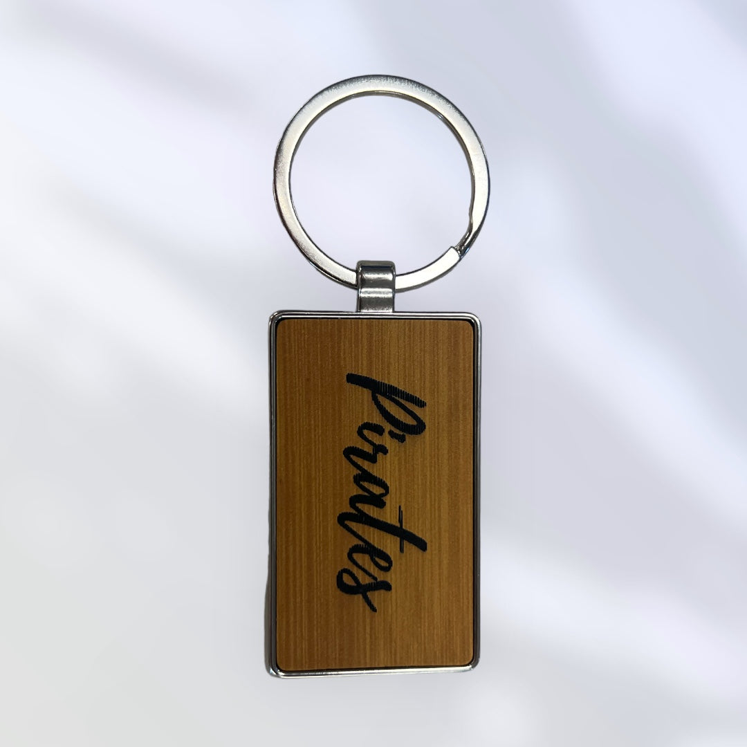 Pirate Engraved Bamboo With Black Leather Keychain