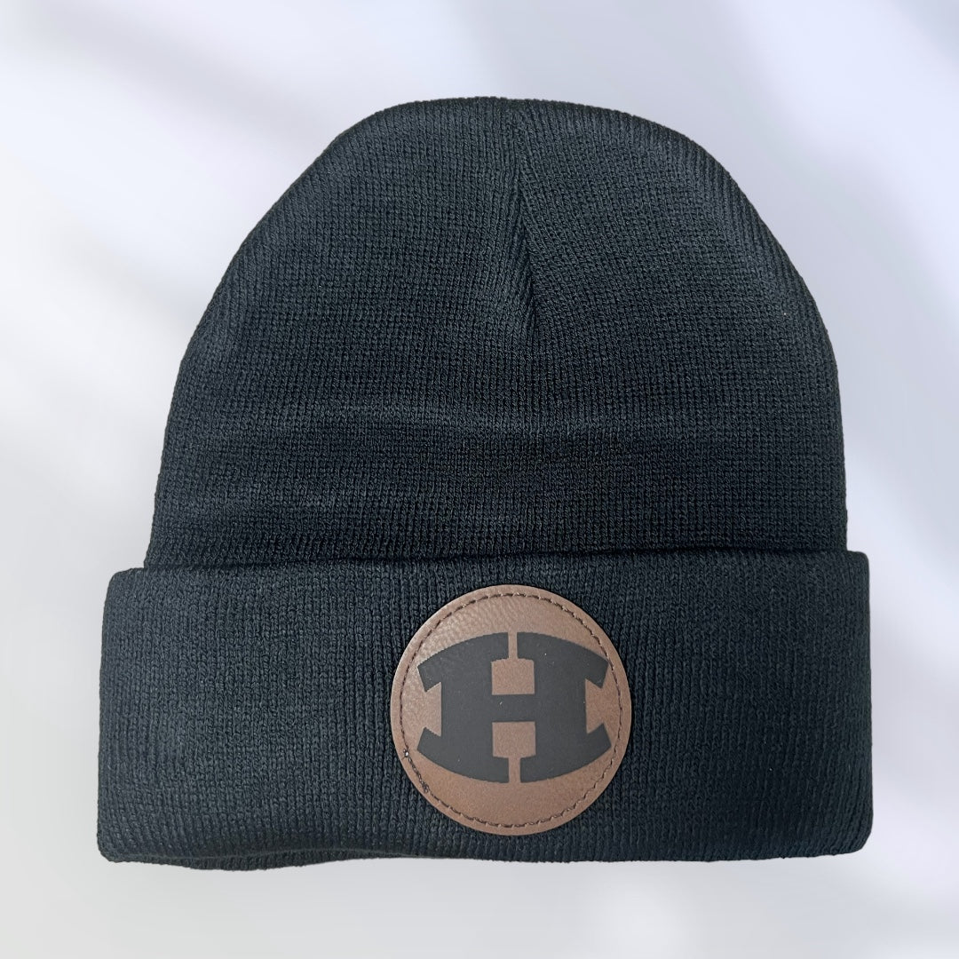 Pirate H Beanie Hat With Engraved Leather Patch