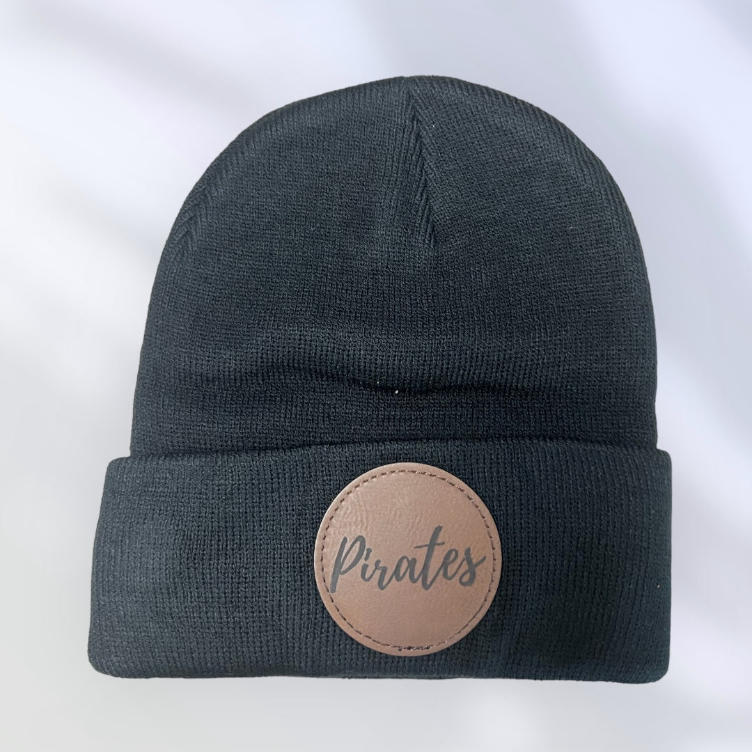 Pirate Round Beanie Hat With Engraved Leather Patch