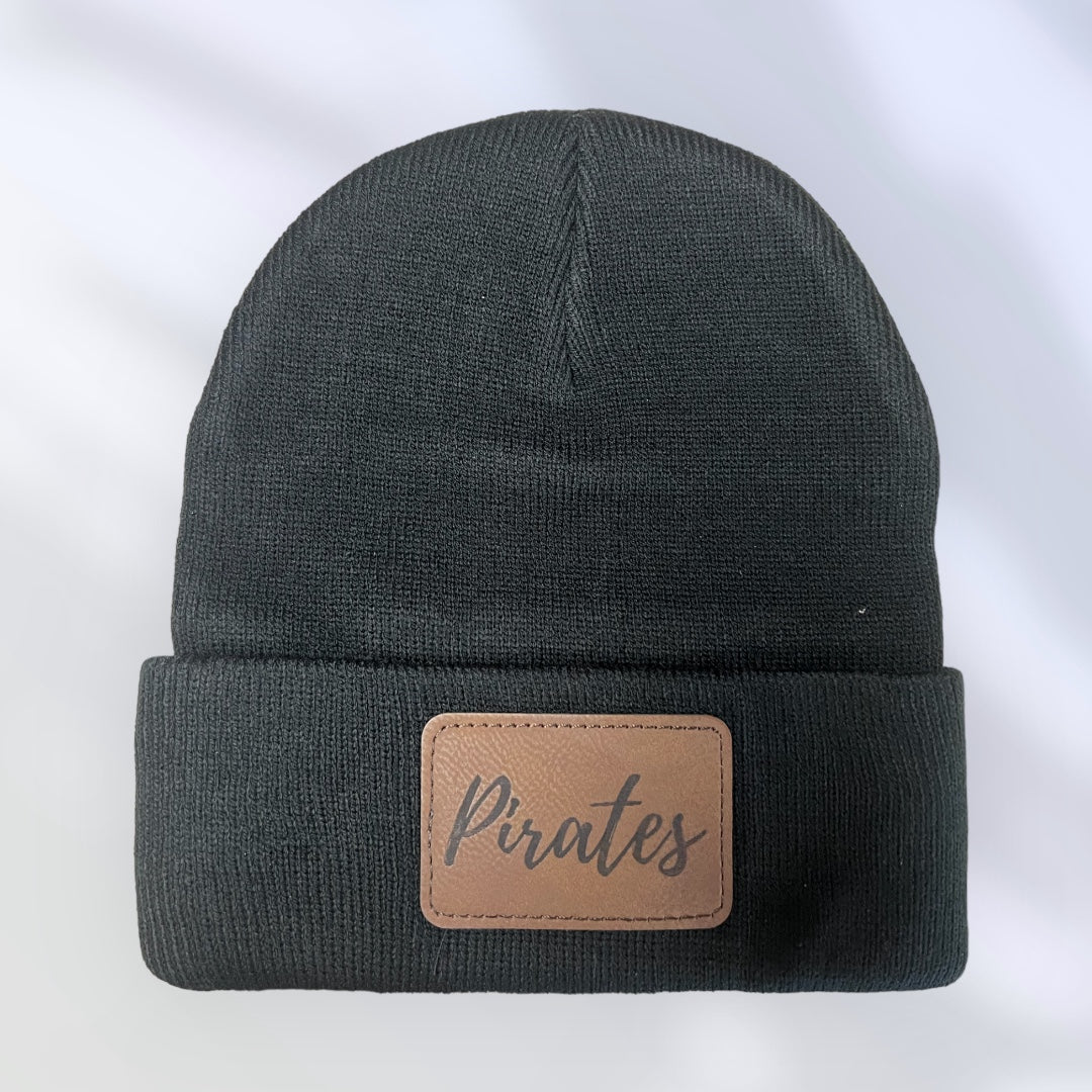 Pirates Rectangle Black Beanie Hat With Engraved Leather Patch