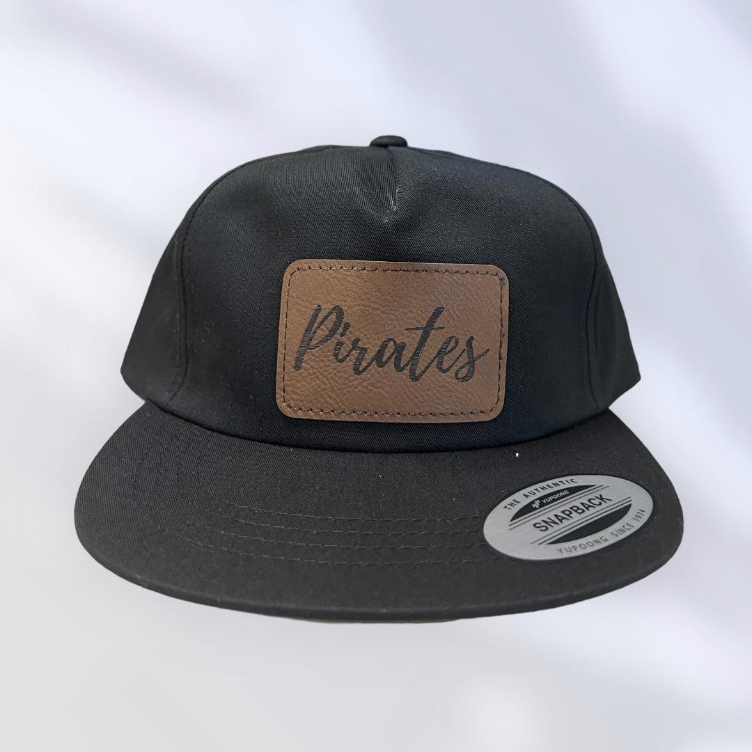 Black Baseball Cap with Engraved Leather Pirates Patch